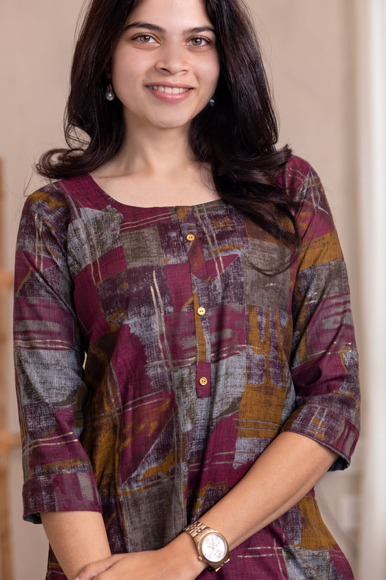 Megha kurti set in maroon with multicolor design