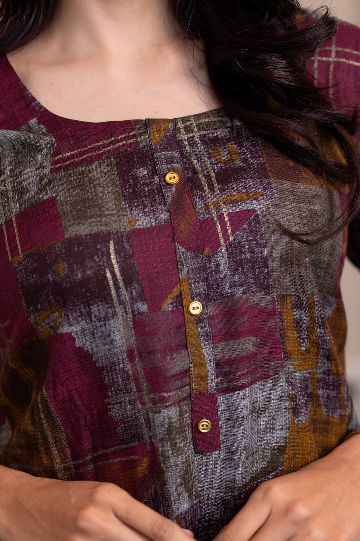 Megha kurti set in maroon with multicolor design