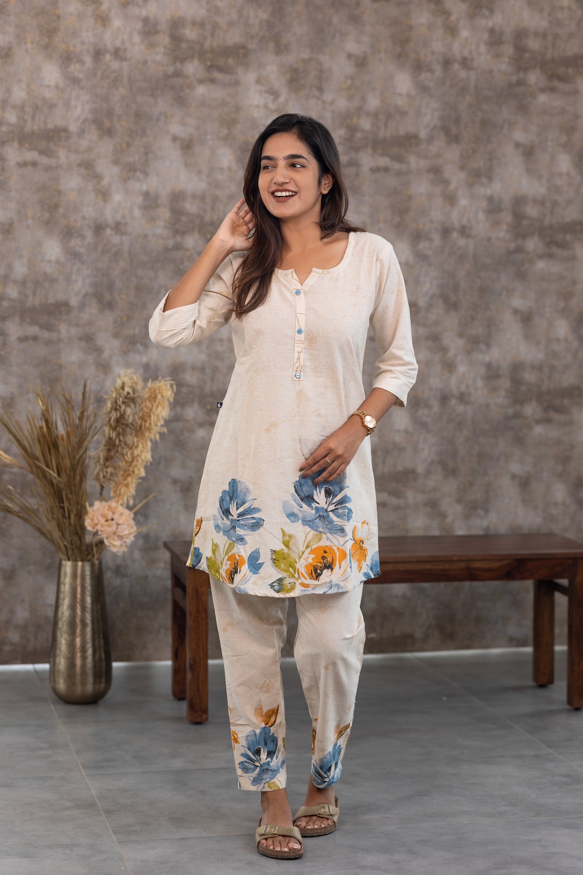 Vedhika kurti set in white with blue flower print