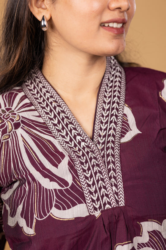 Nira kurthi and pant set in deep wine purple