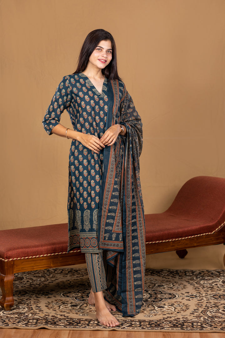 Manjari cotton suit set in Dark Teal Blue with Printed  Rust and Beige