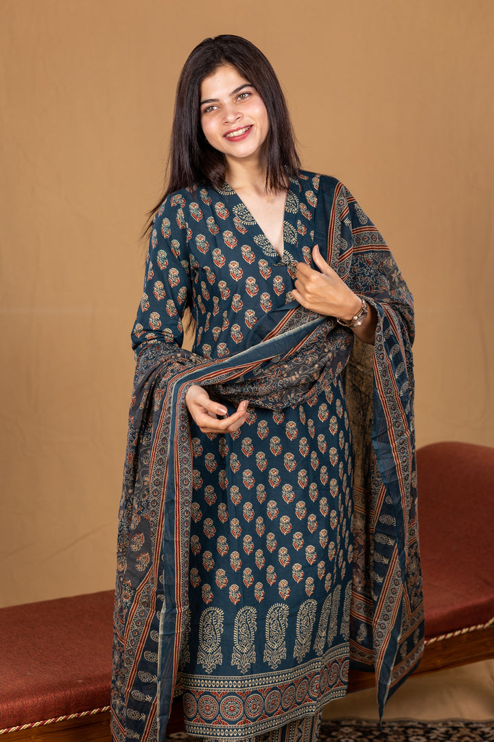 Manjari cotton suit set in Dark Teal Blue with Printed  Rust and Beige