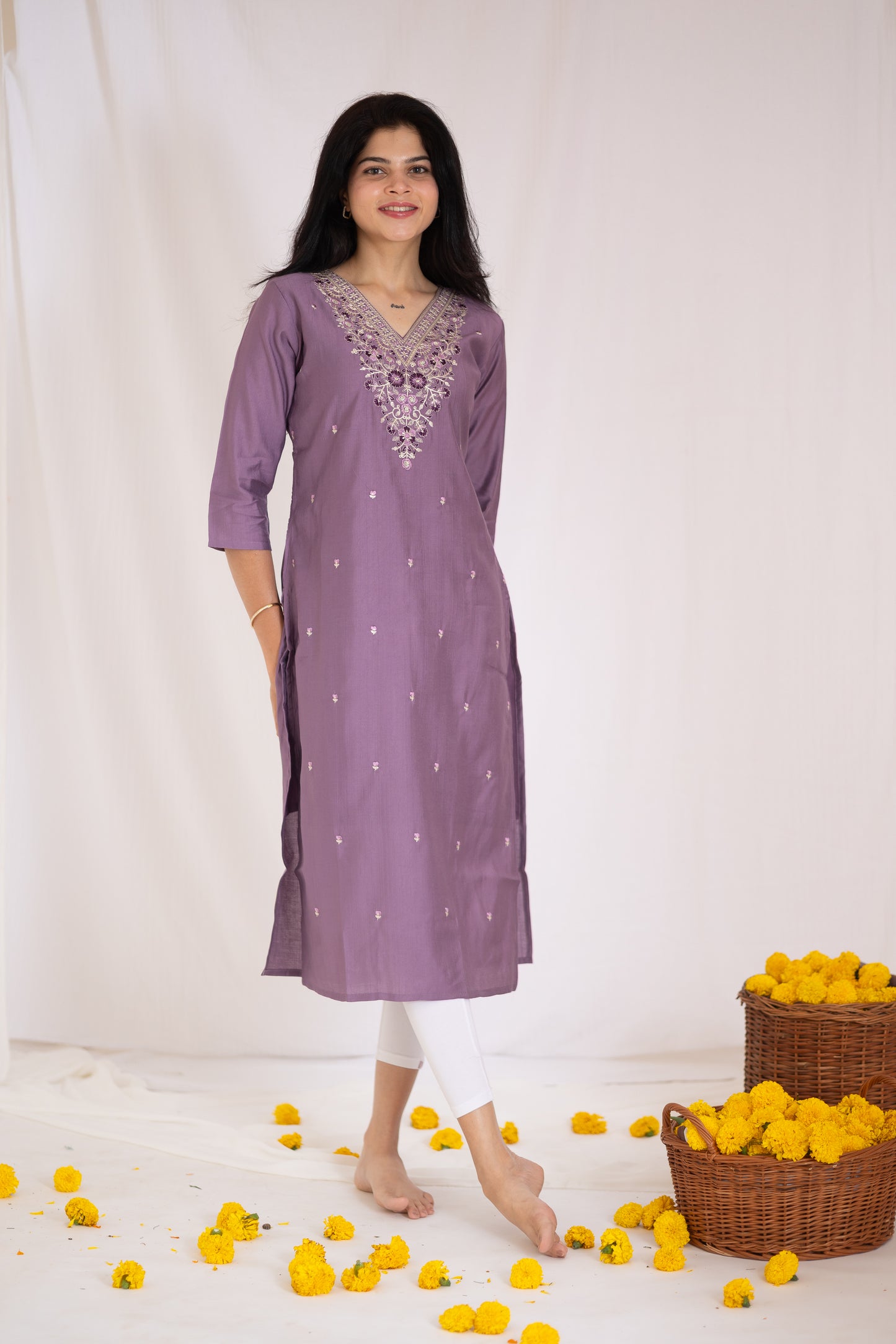 Suhana Kurti with embroidery detailing in purple