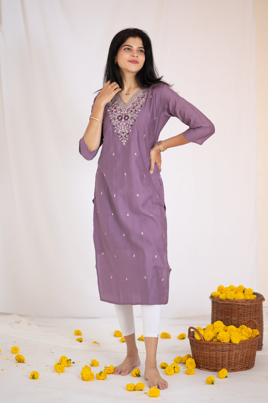 Suhana Kurti with embroidery detailing in purple