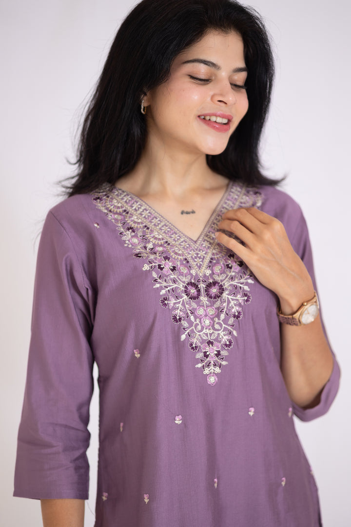 Suhana Kurti with embroidery detailing in purple