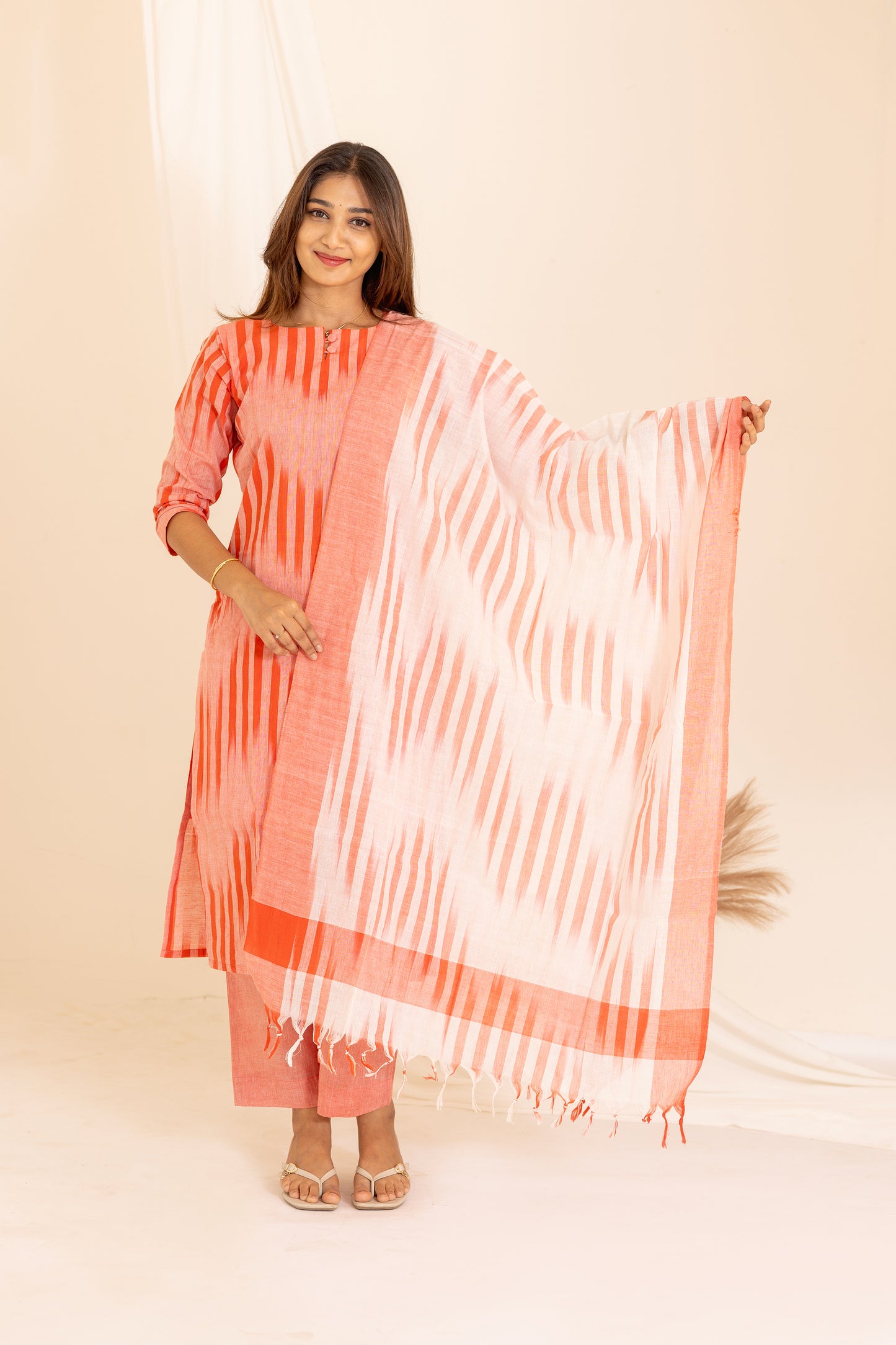 Anvitha handloom ikkat salwar set in salmon pink