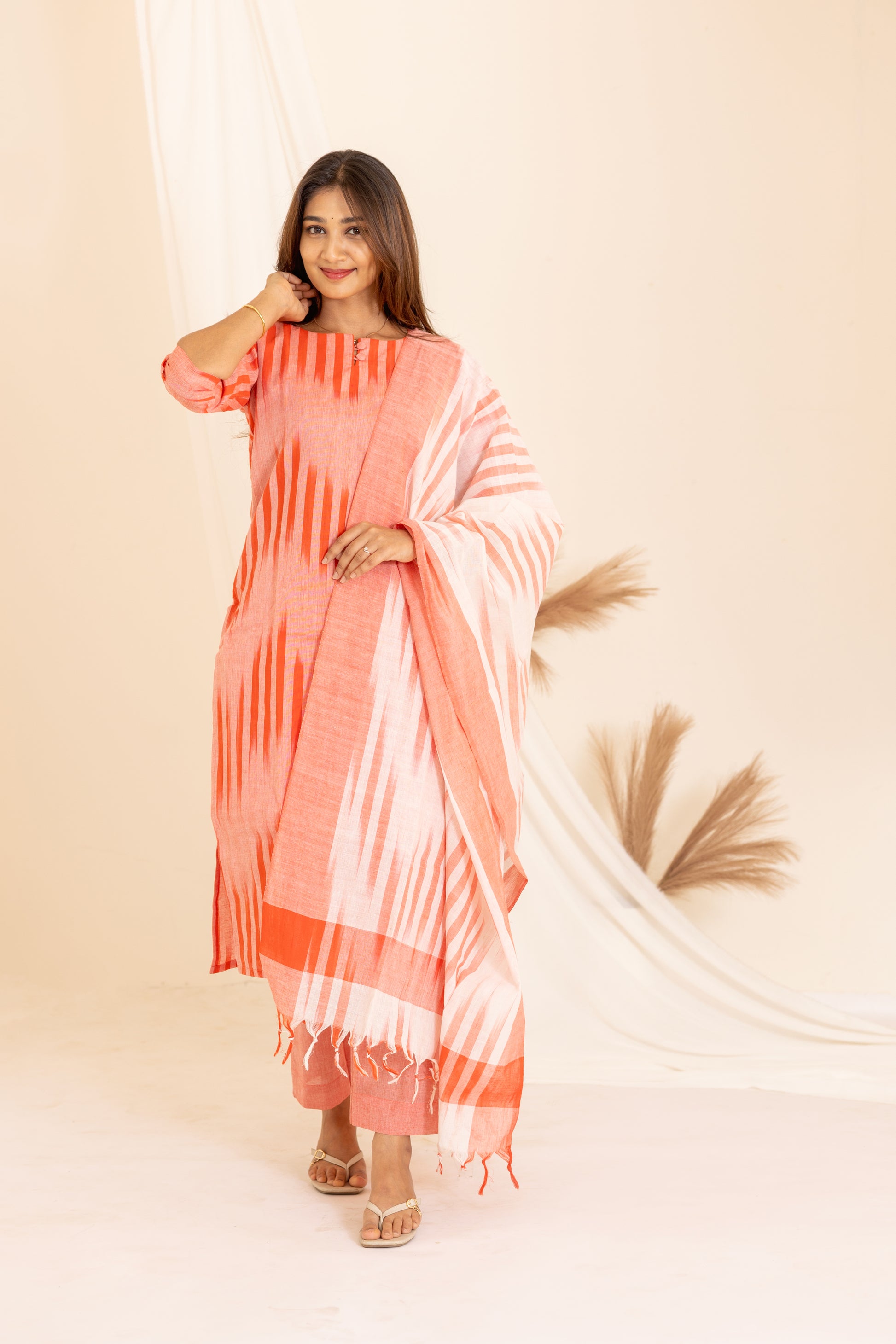 Anvitha handloom ikkat salwar set in salmon pink