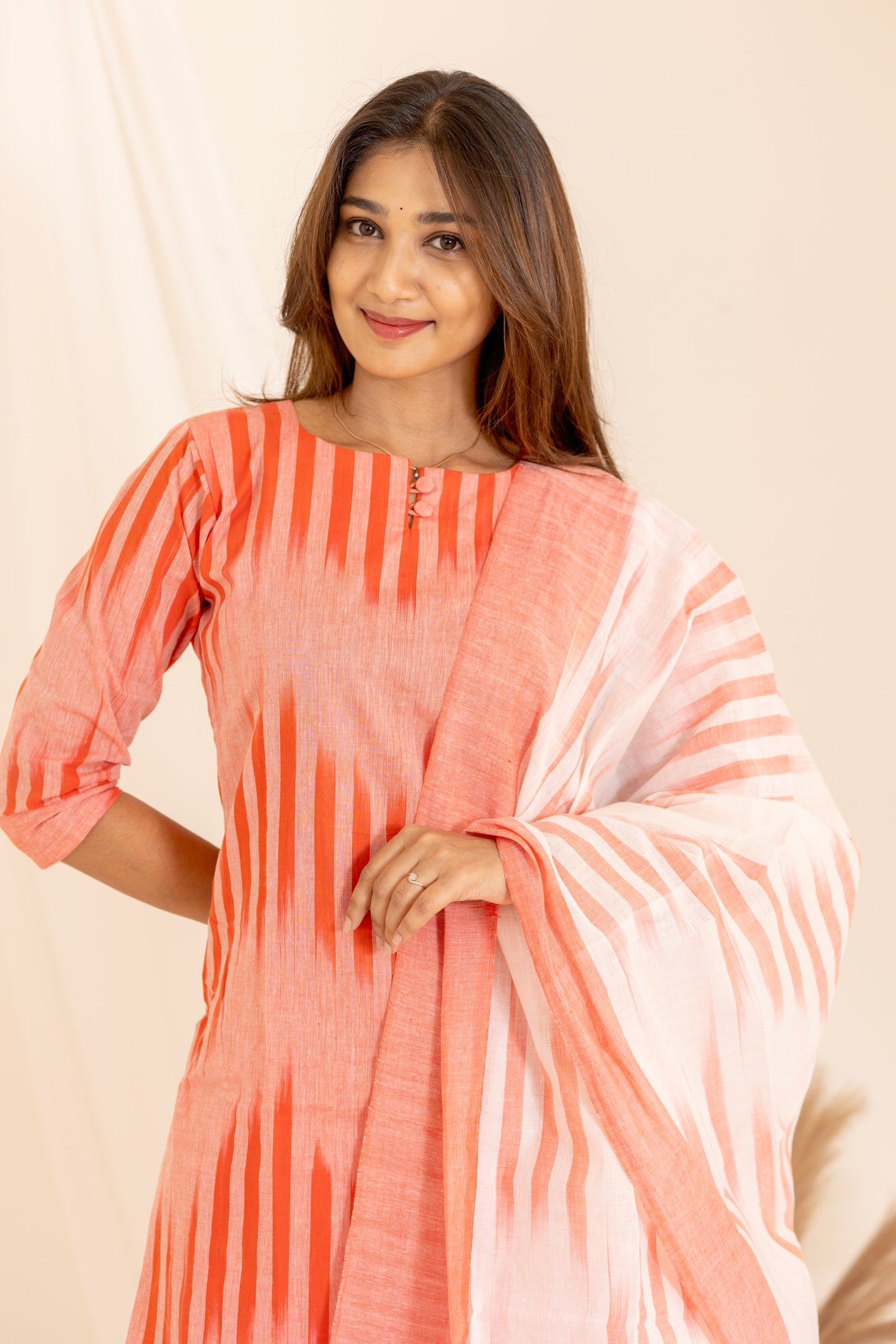 Anvitha handloom ikkat salwar set in salmon pink