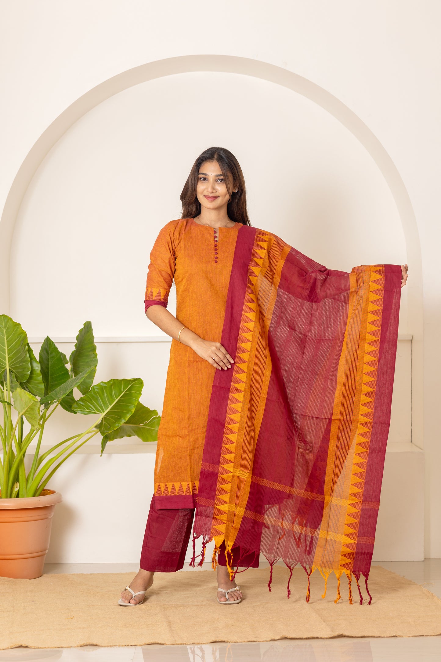 Amritha handloom cotton salwar set in rust and maroon