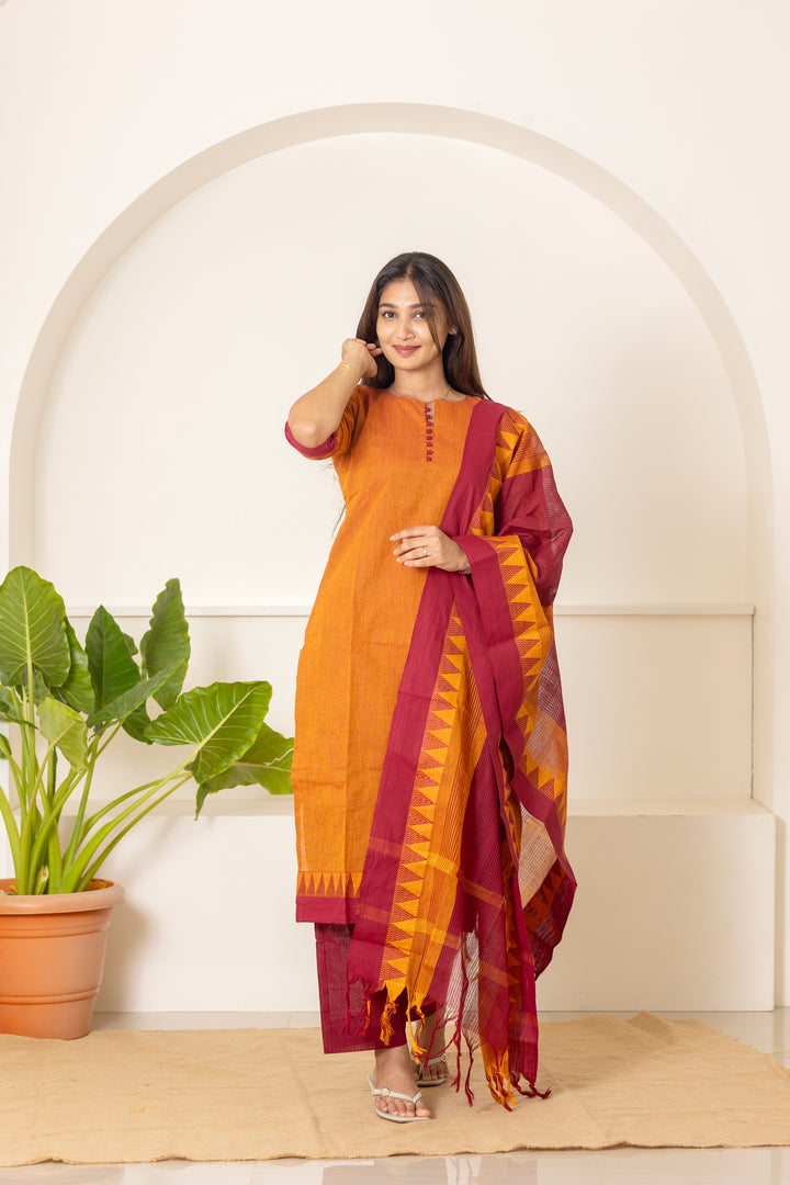 Amritha handloom cotton salwar set in rust and maroon