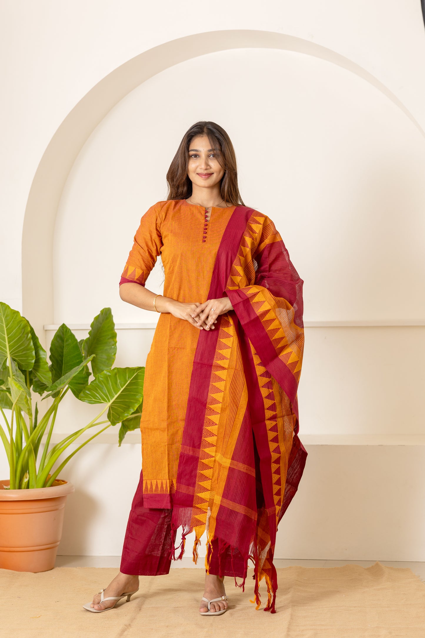 Amritha handloom cotton salwar set in rust and maroon
