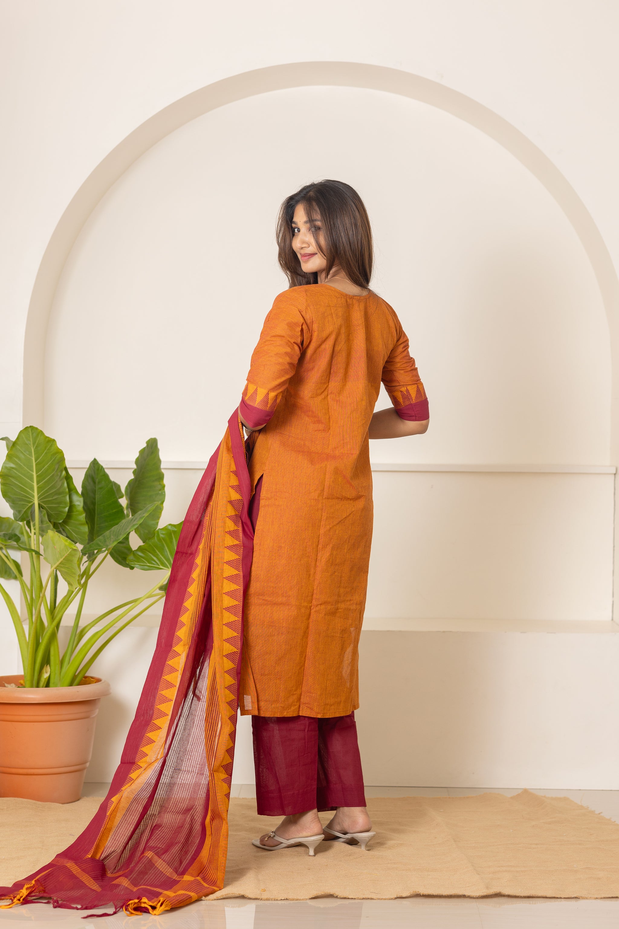 Amritha handloom cotton salwar set in rust and maroon