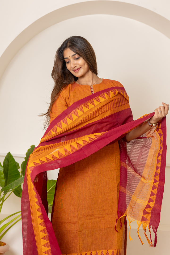 Amritha handloom cotton salwar set in rust and maroon