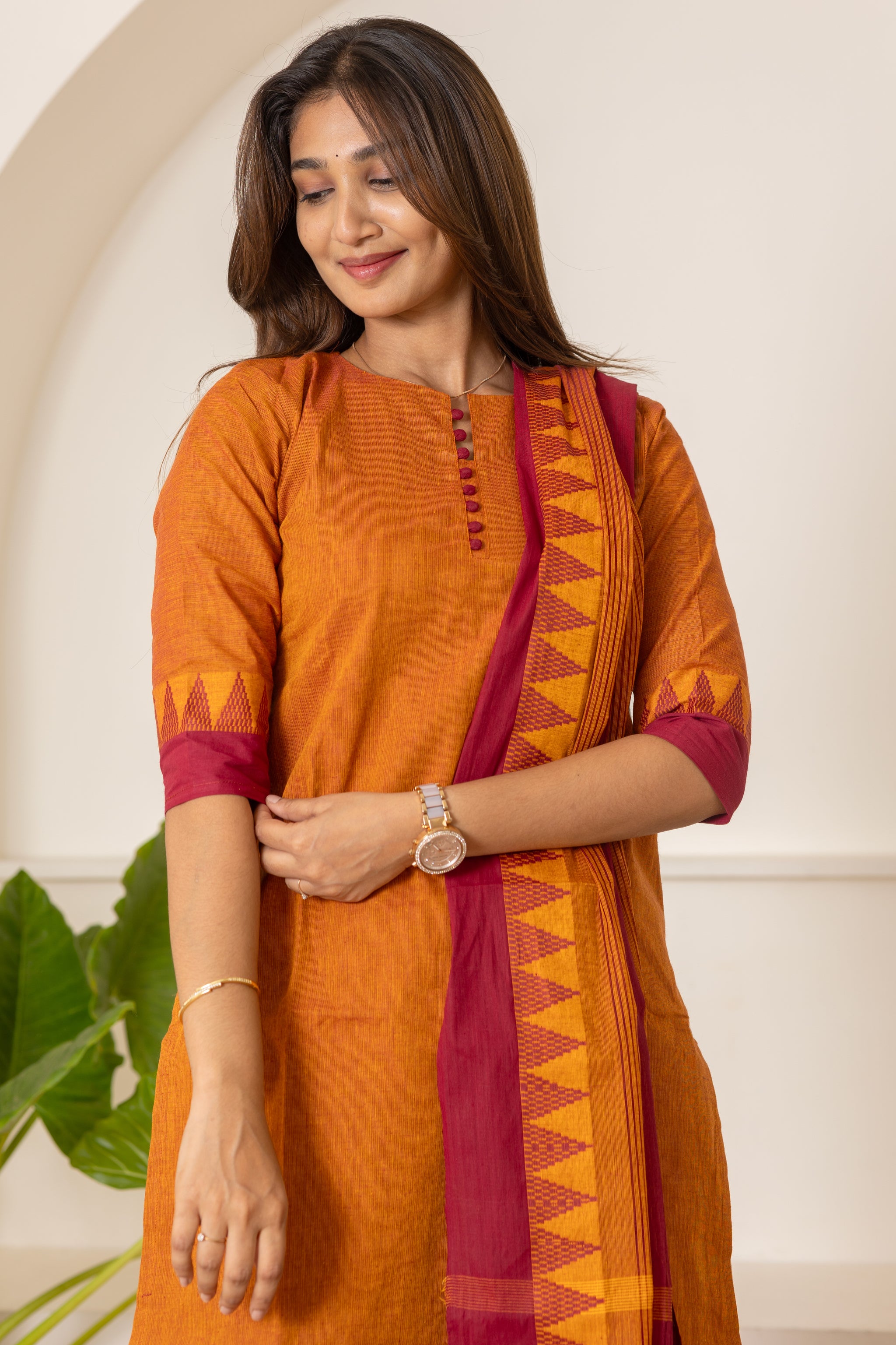 Amritha handloom cotton salwar set in rust and maroon