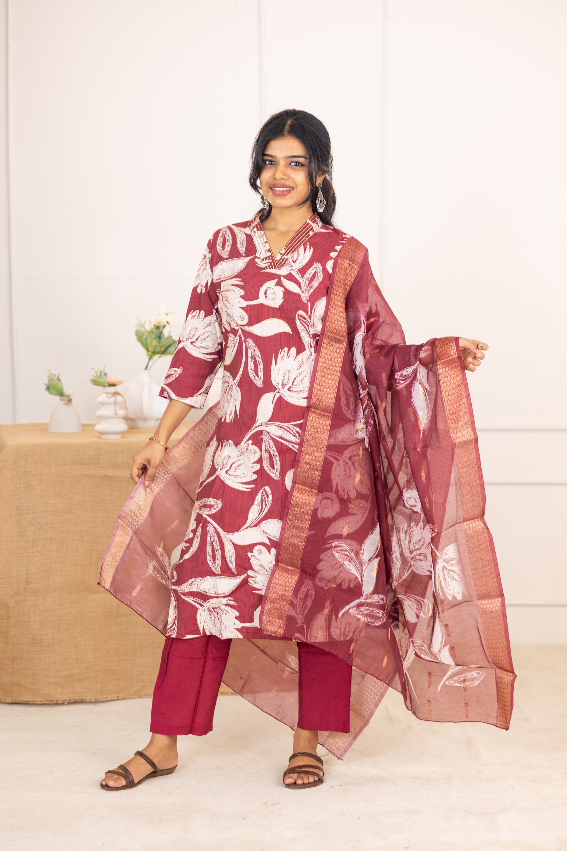 Sahithya salwar set in vintage marooon in vertican fabric