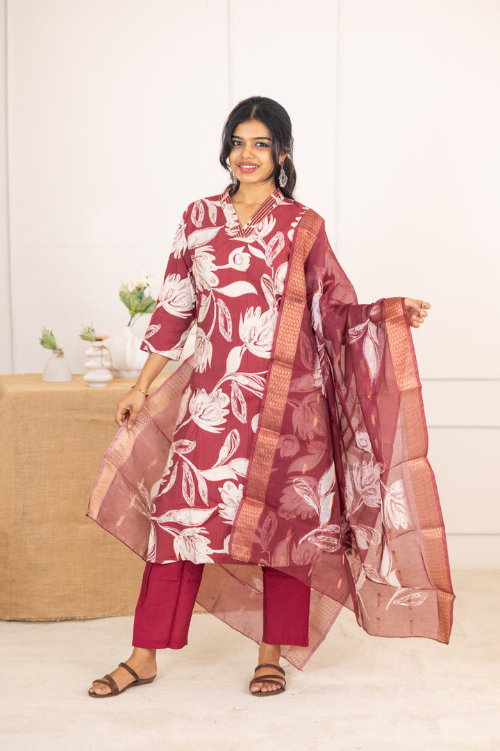 Sahithya salwar set in vintage marooon in vertican fabric