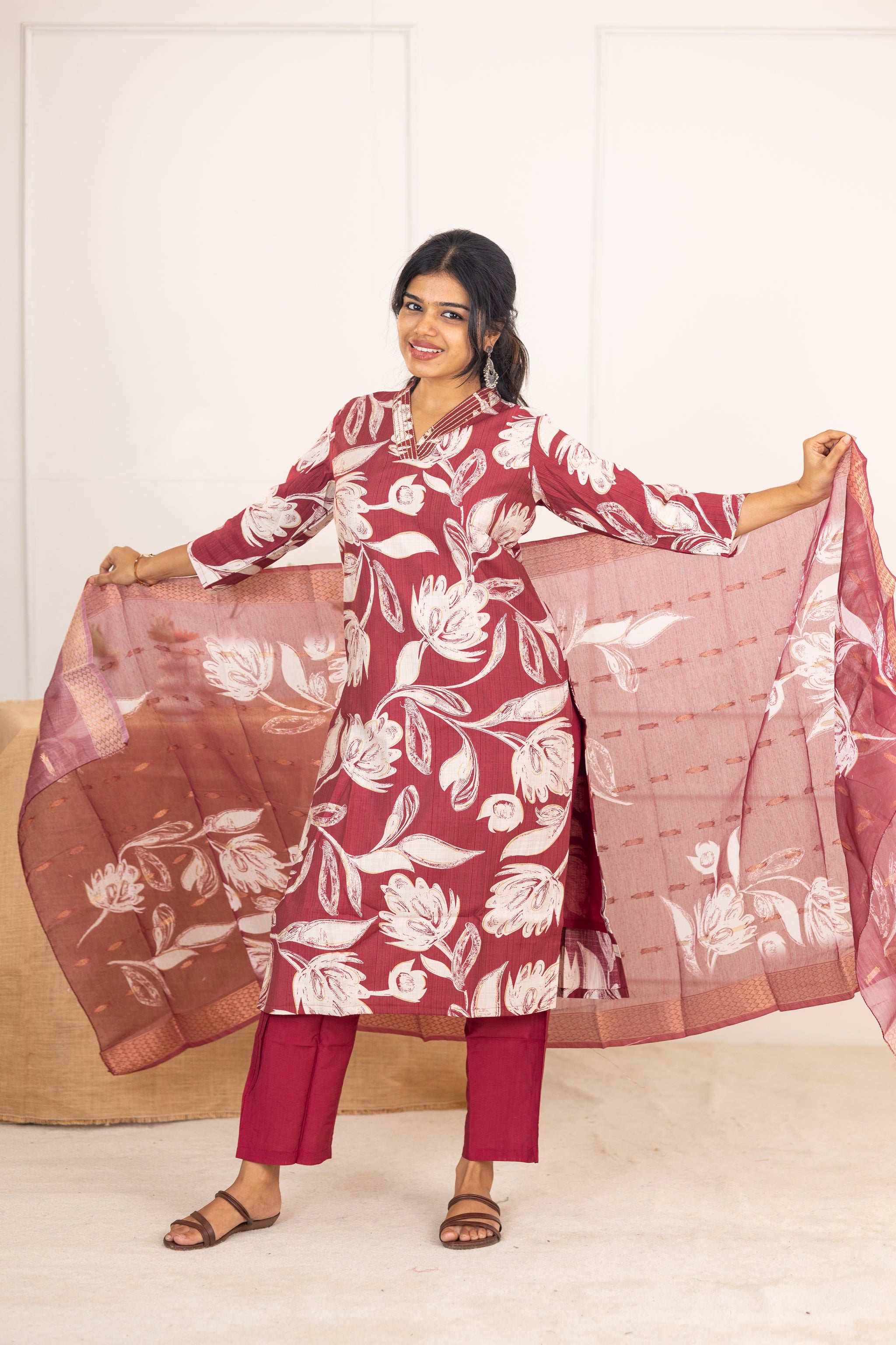 Sahithya salwar set in vintage marooon in vertican fabric