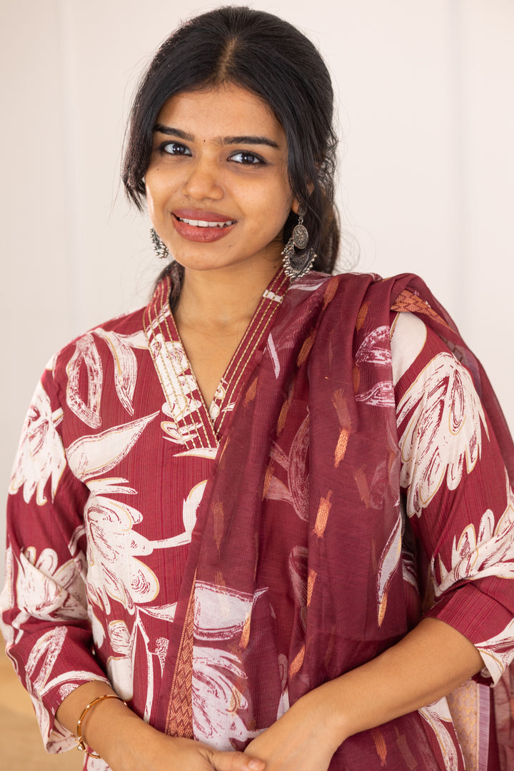 Sahithya salwar set in vintage marooon in vertican fabric