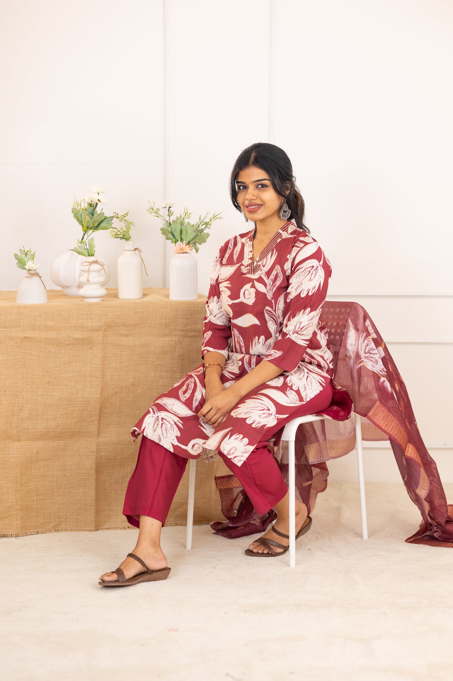 Sahithya salwar set in vintage marooon in vertican fabric