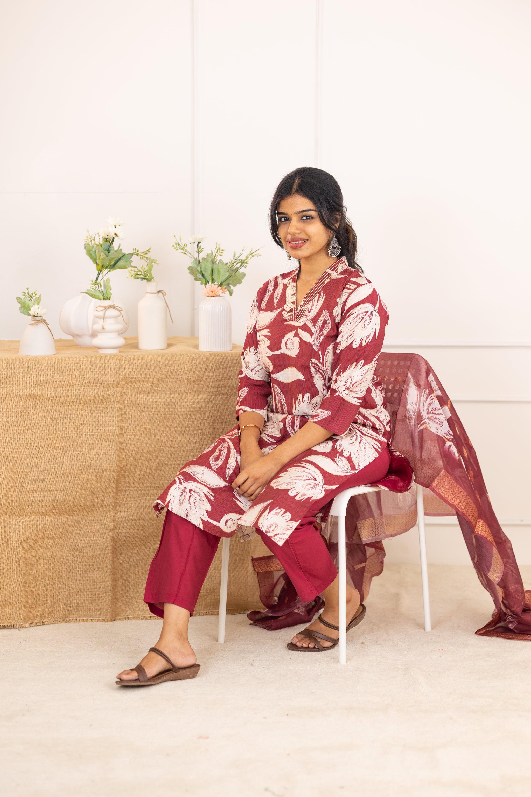 Sahithya salwar set in vintage marooon in vertican fabric