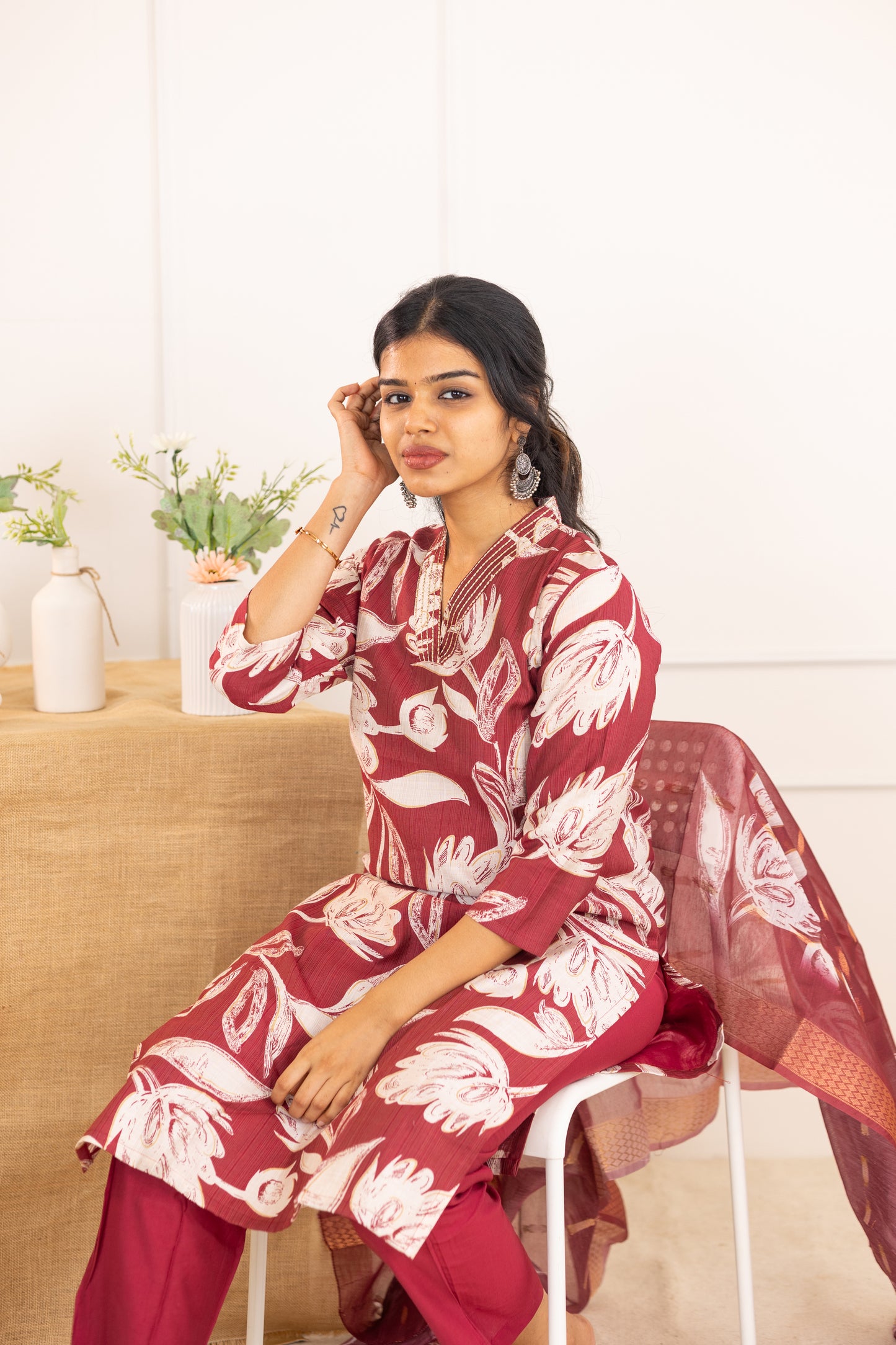 Sahithya salwar set in vintage marooon in vertican fabric