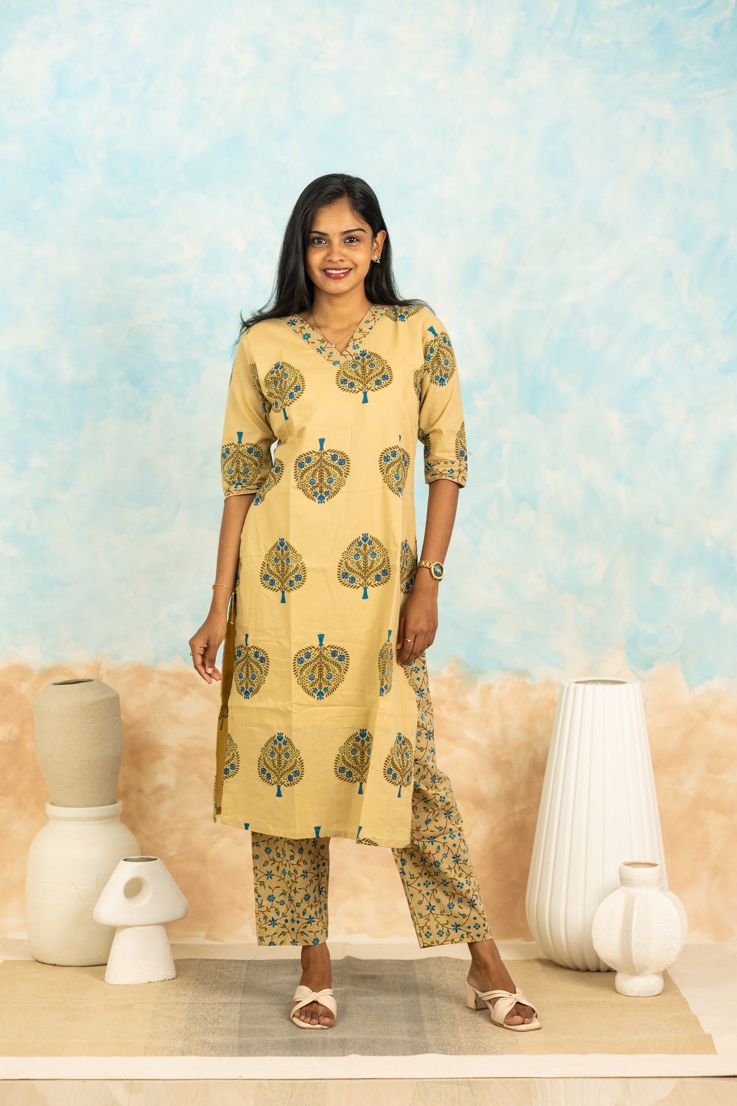 Kurinji soft cotton kurti set in cream