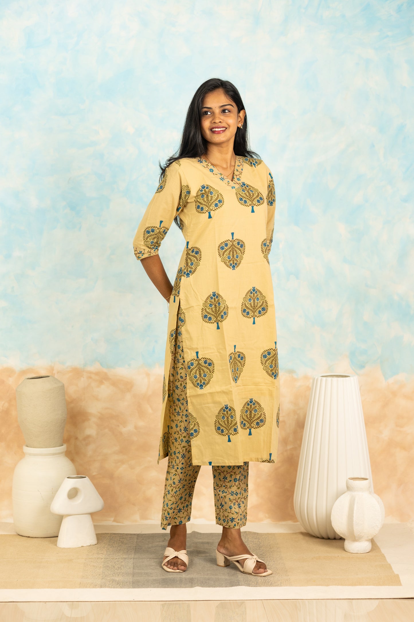Kurinji soft cotton kurti set in cream