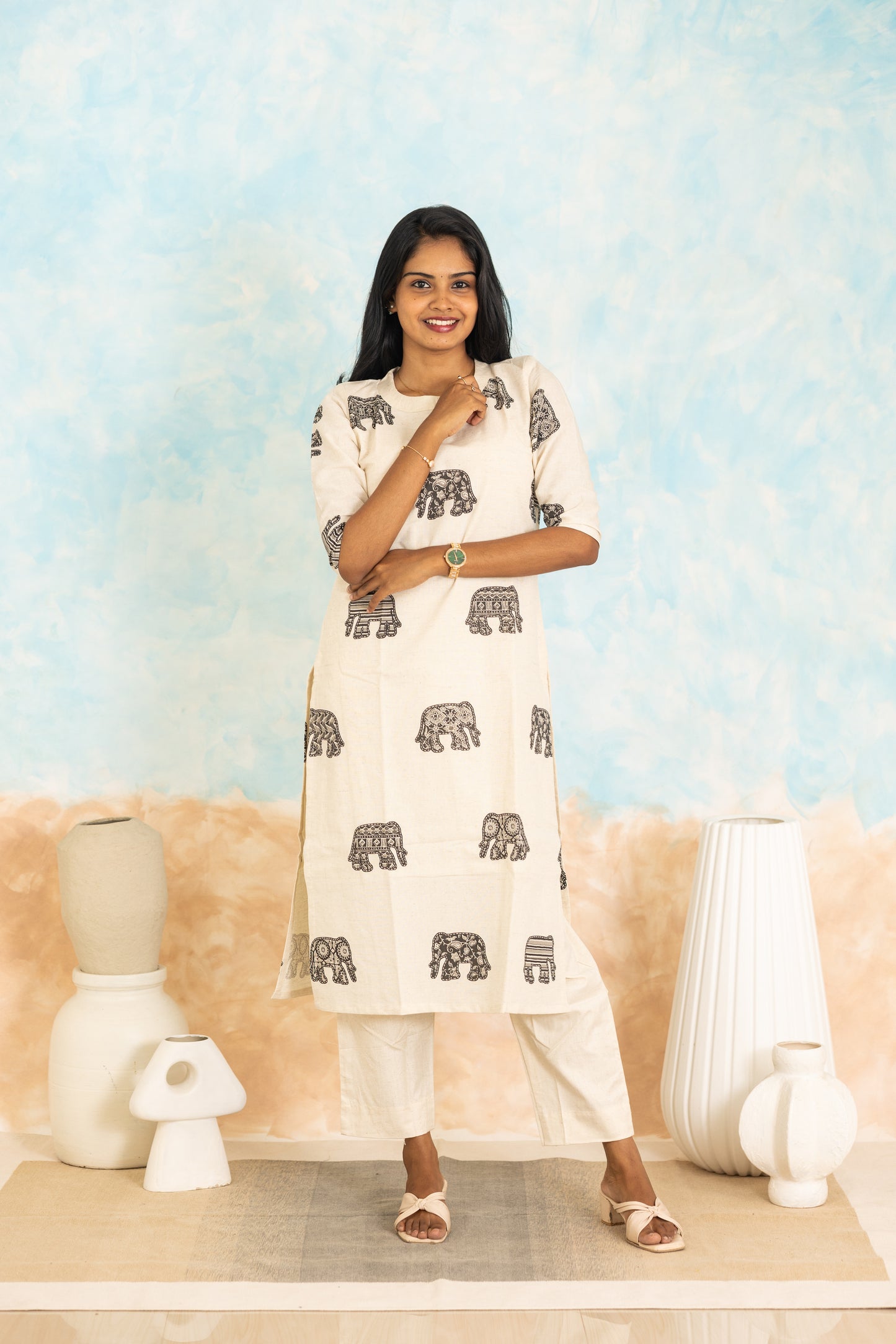 Meghna cotton kurti set in ivory