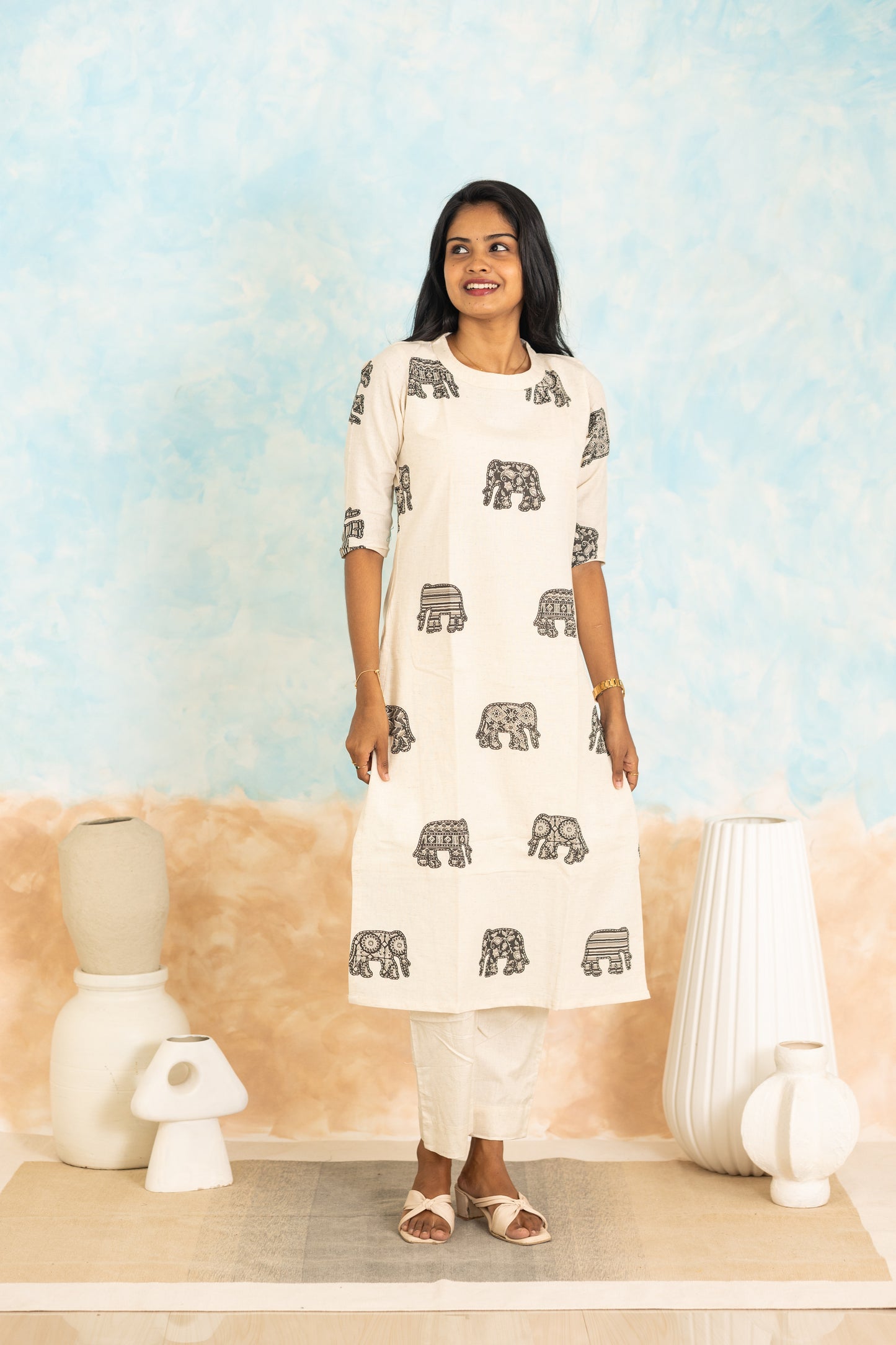 Meghna cotton kurti set in ivory