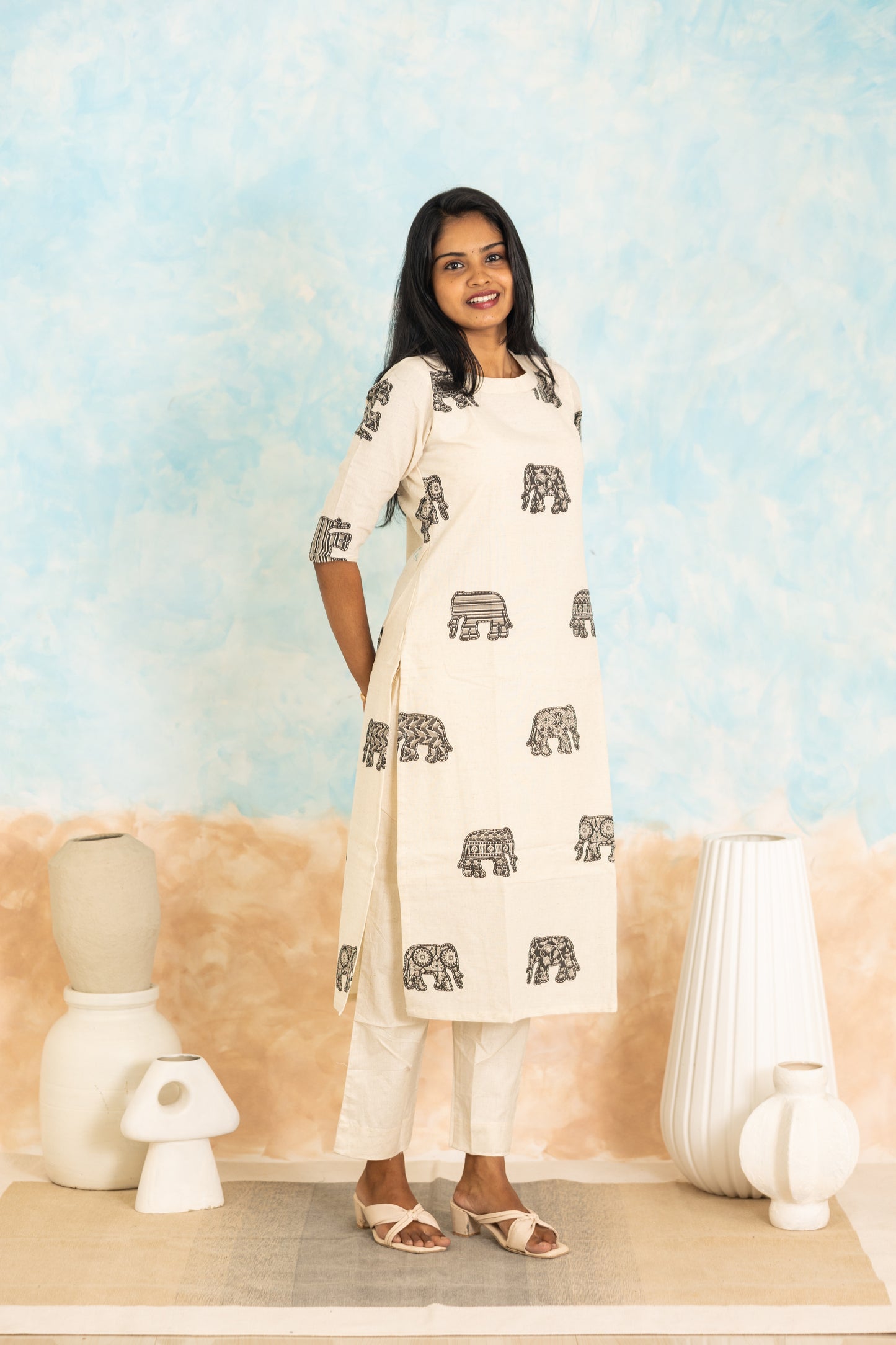Meghna cotton kurti set in ivory