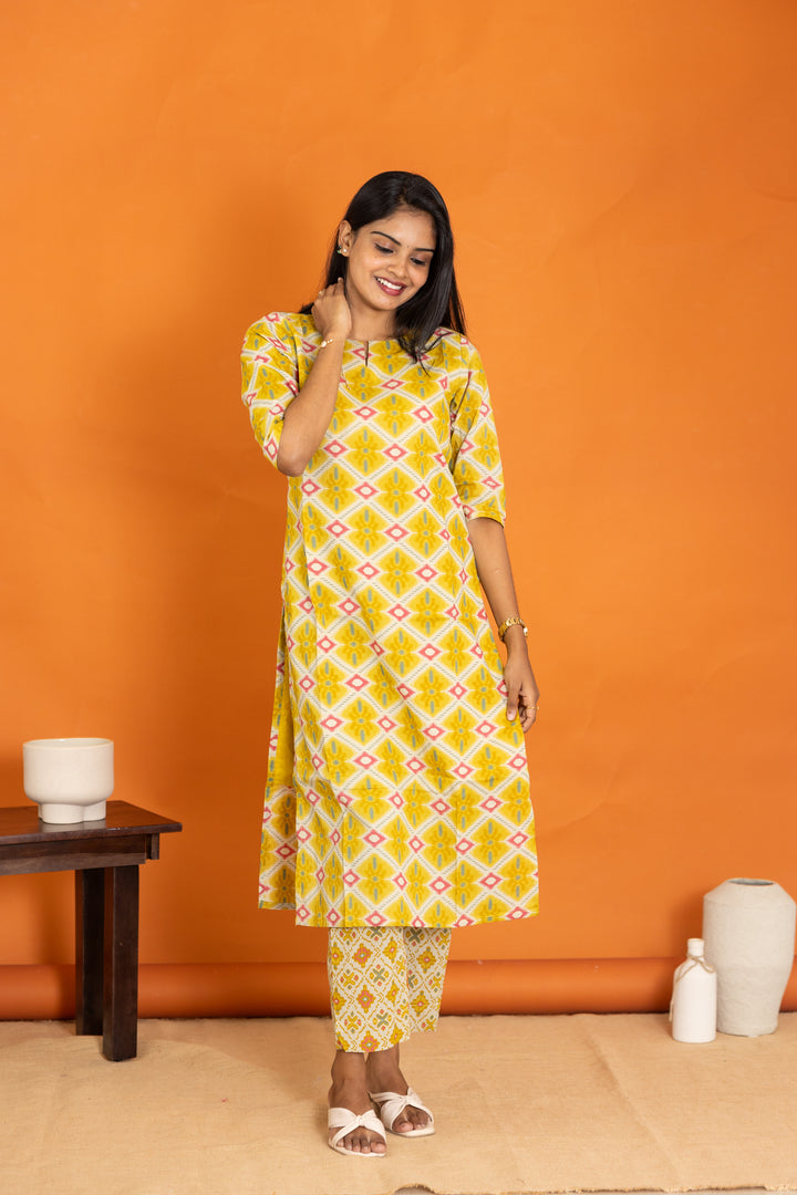 Rukmini soft cotton kurti set in yellow