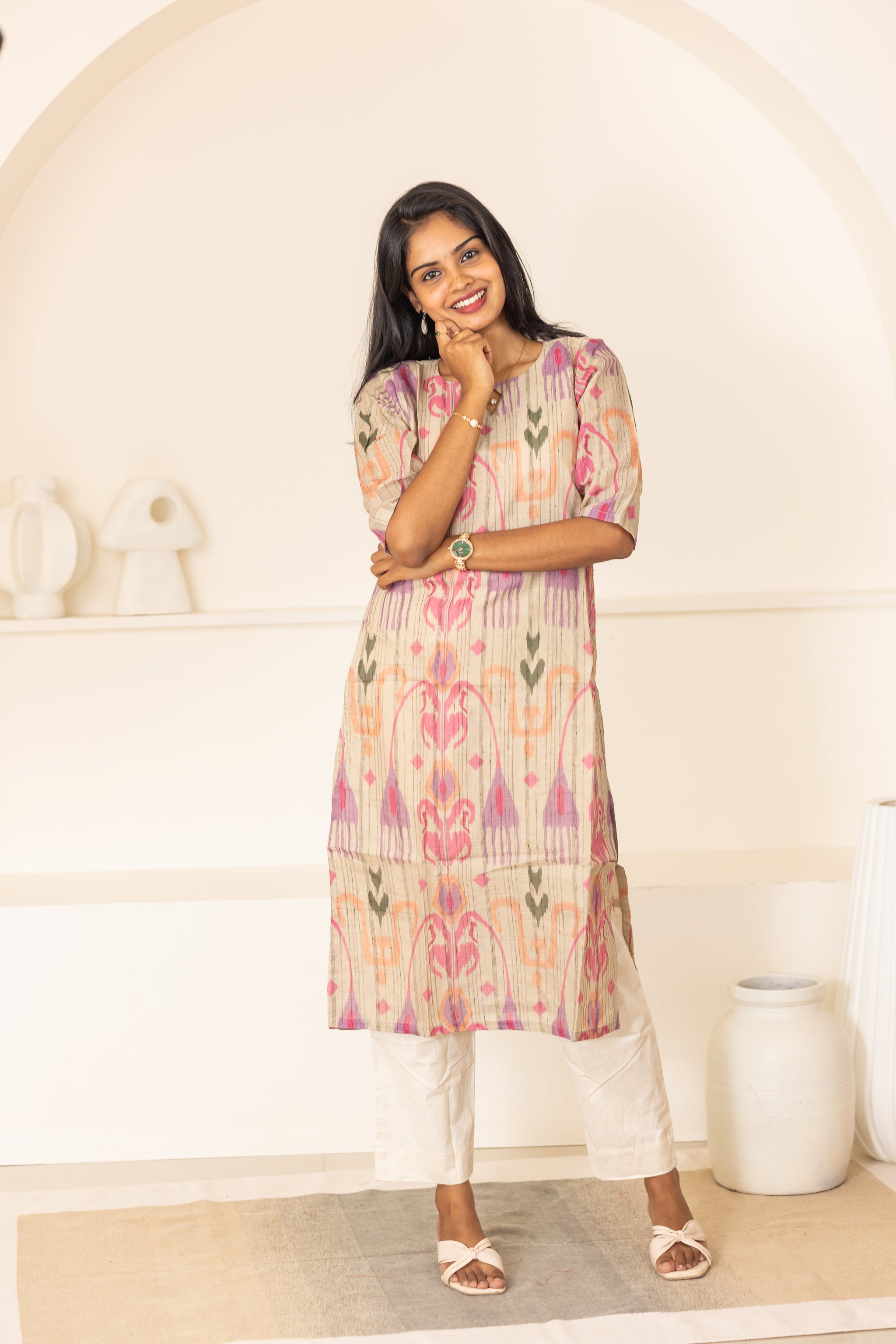 Kayal kora cotton kurti in cream