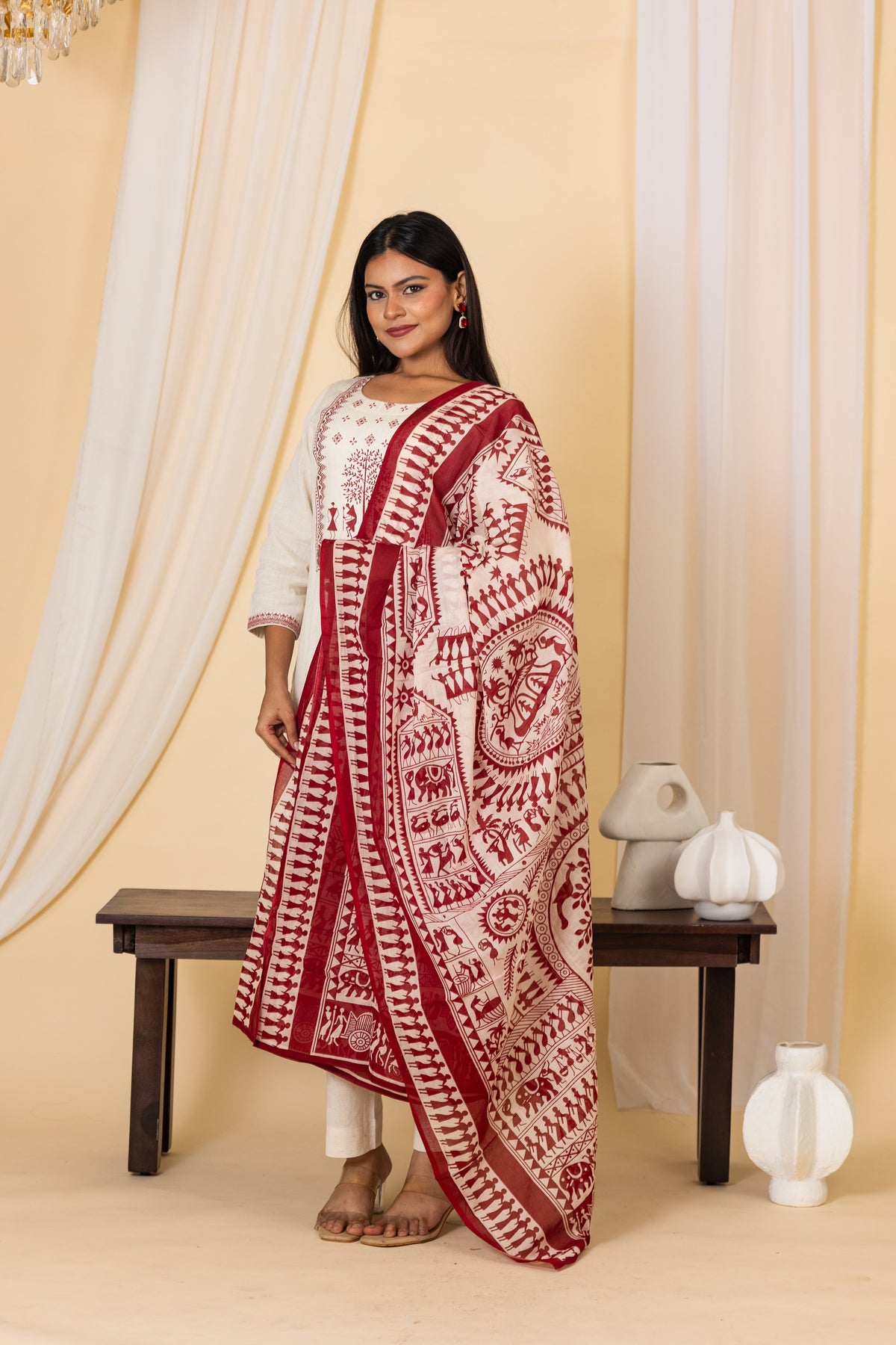 Pooja salwar set in half white with maroon print