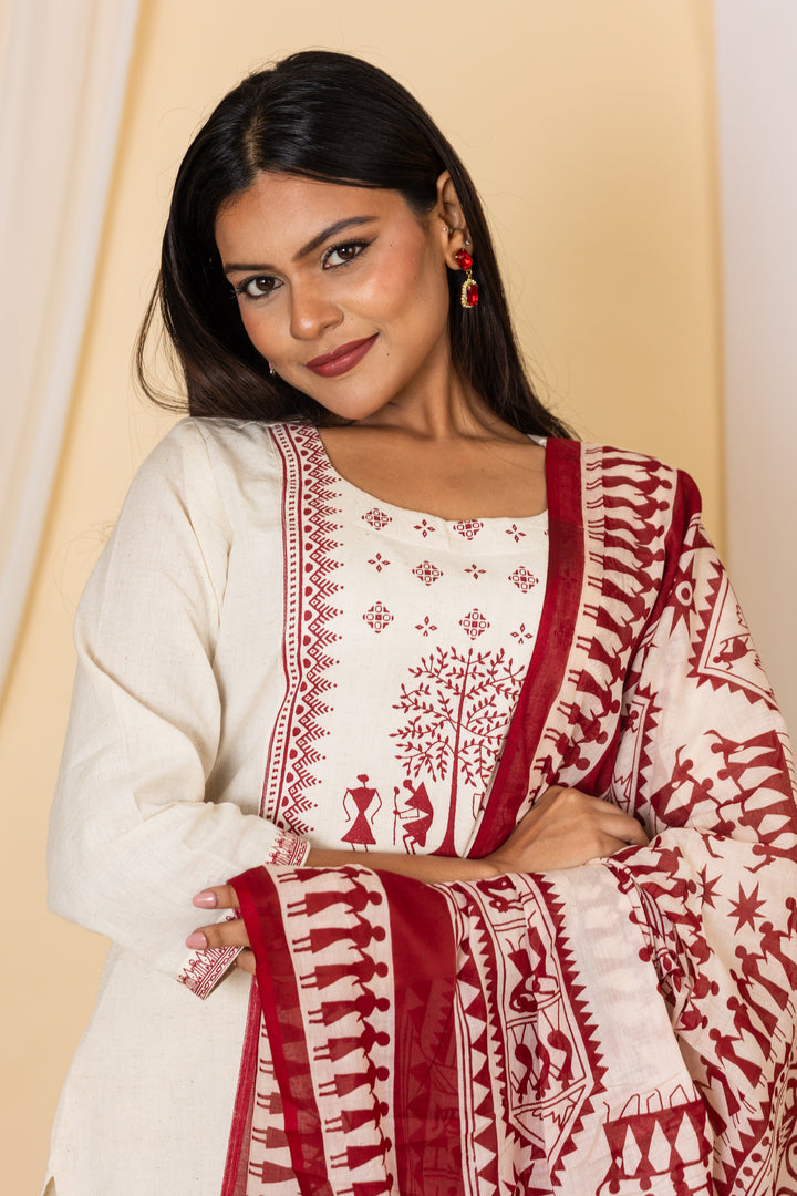 Pooja salwar set in half white with maroon print