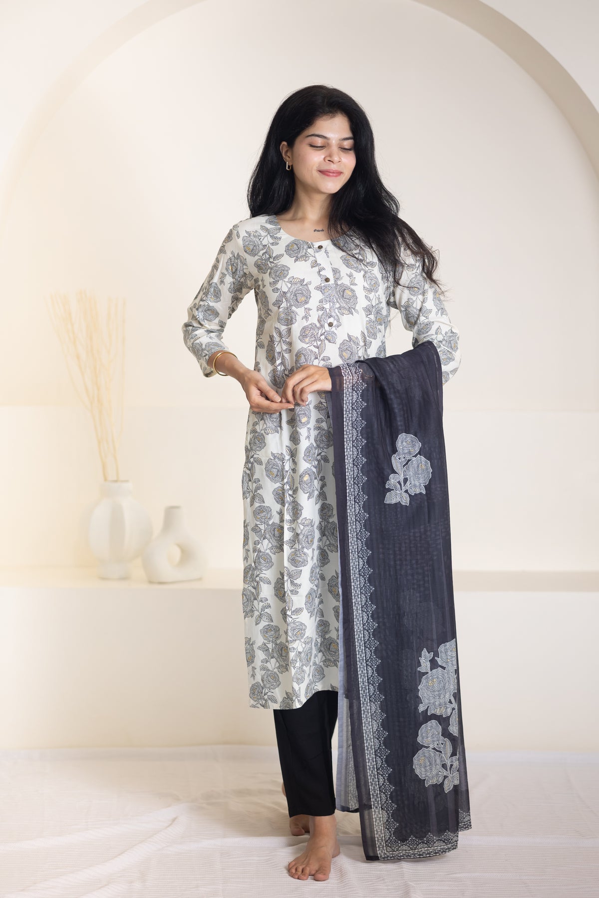 Yashika salwar set with shawl in white