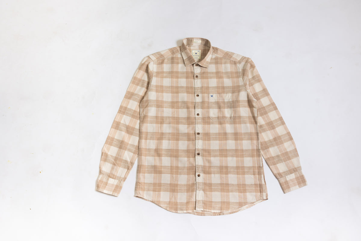 Men's full hand checked shirt in Beige