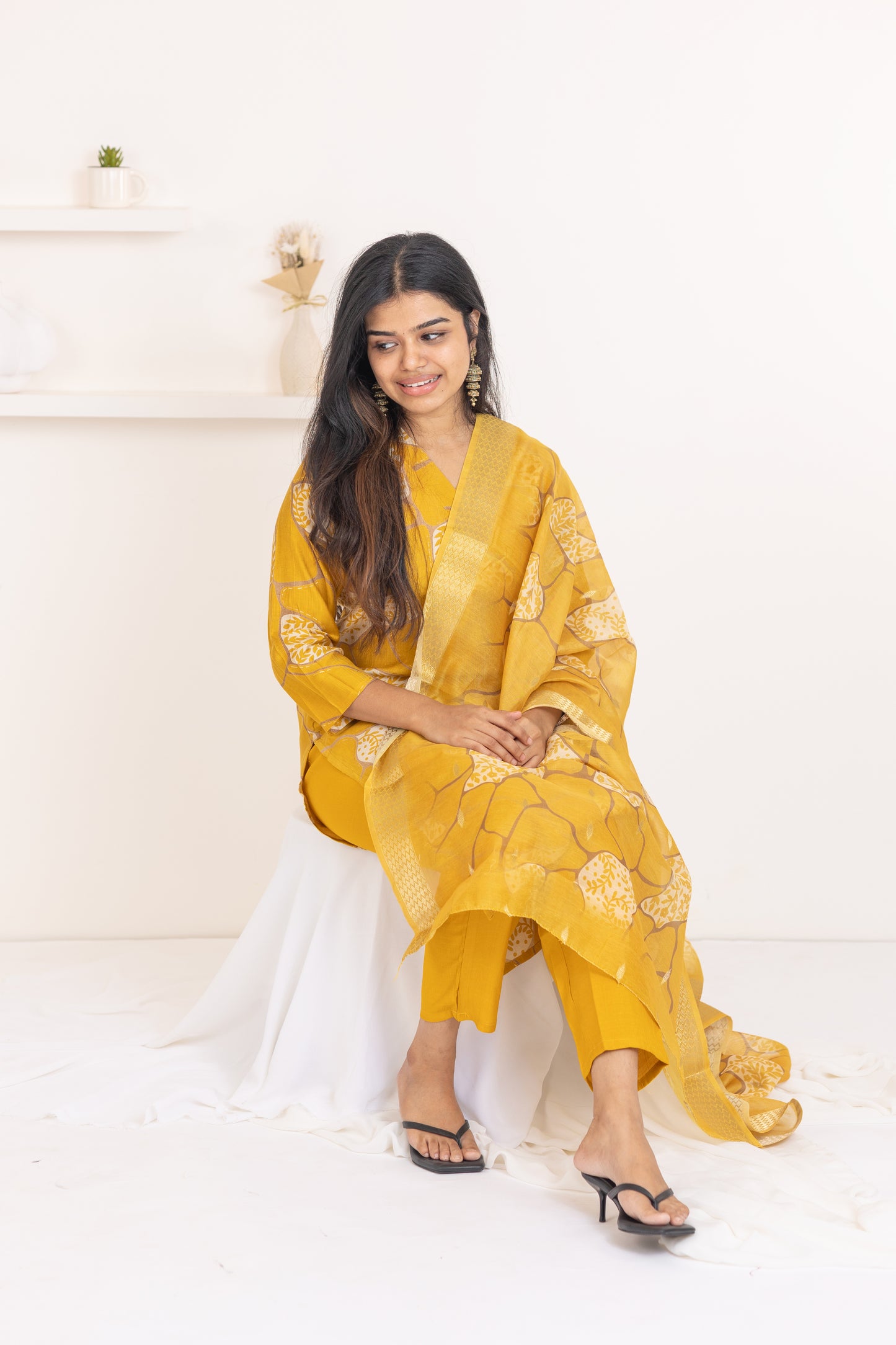 Ziya salwar set in mustard yellow with flower design in vertican fabric