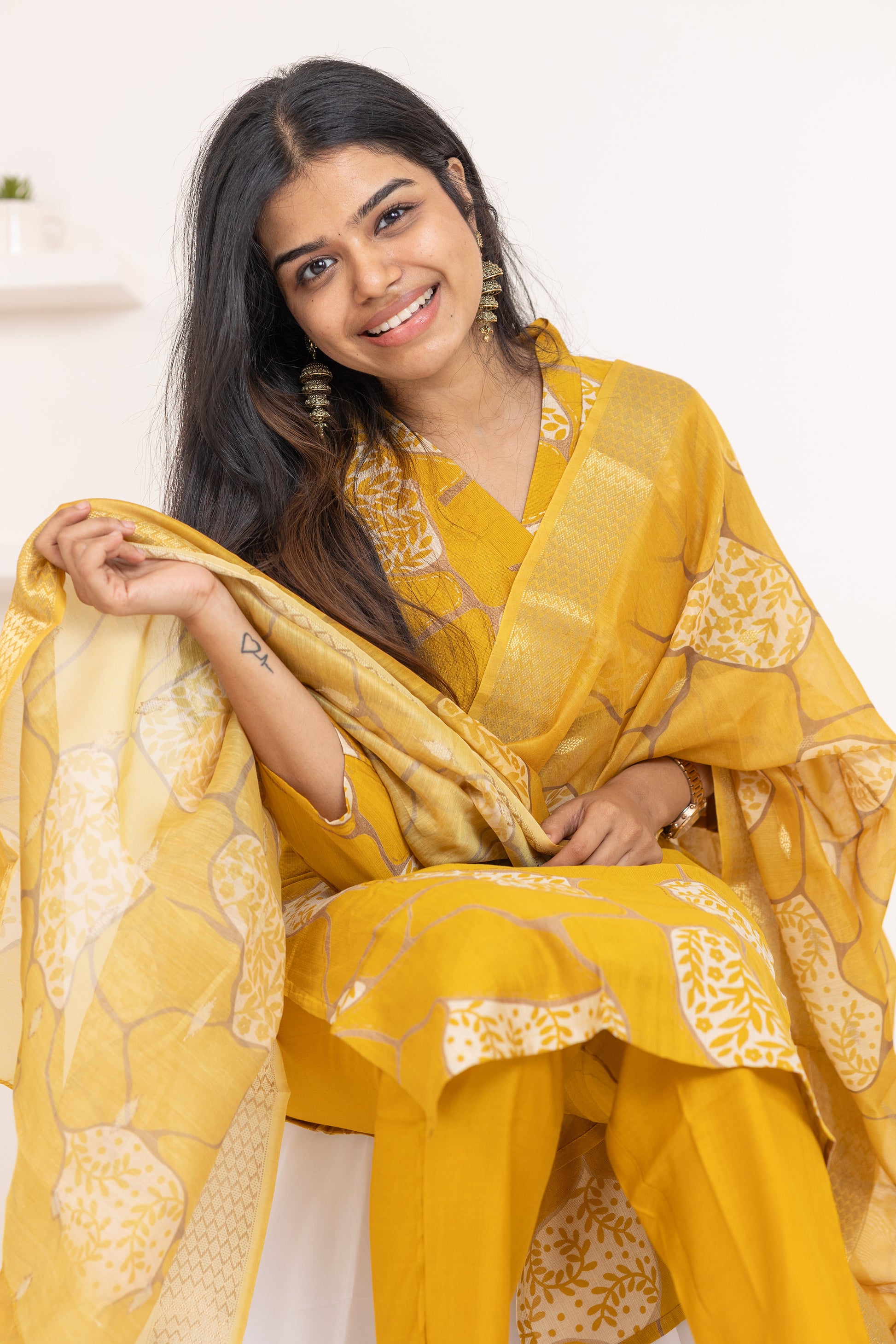 Ziya salwar set in mustard yellow with flower design in vertican fabric