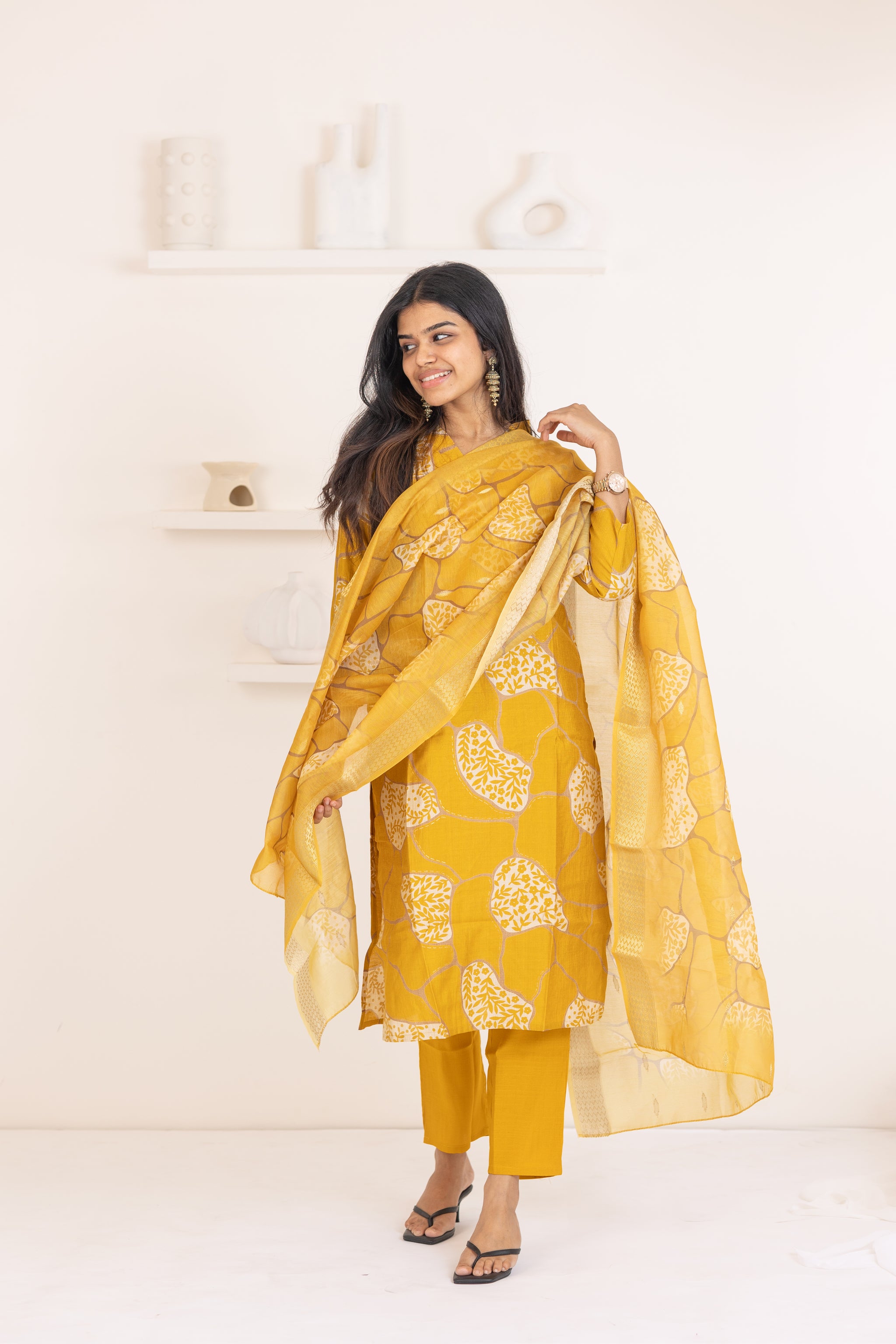 Ziya salwar set in mustard yellow with flower design in vertican fabric