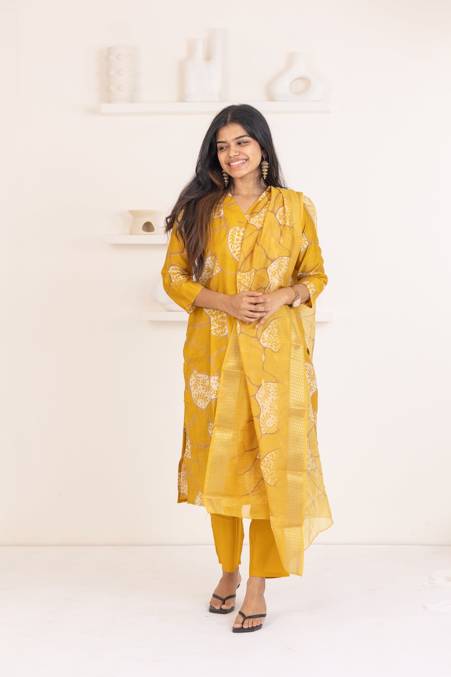 Ziya salwar set in mustard yellow with flower design in vertican fabric
