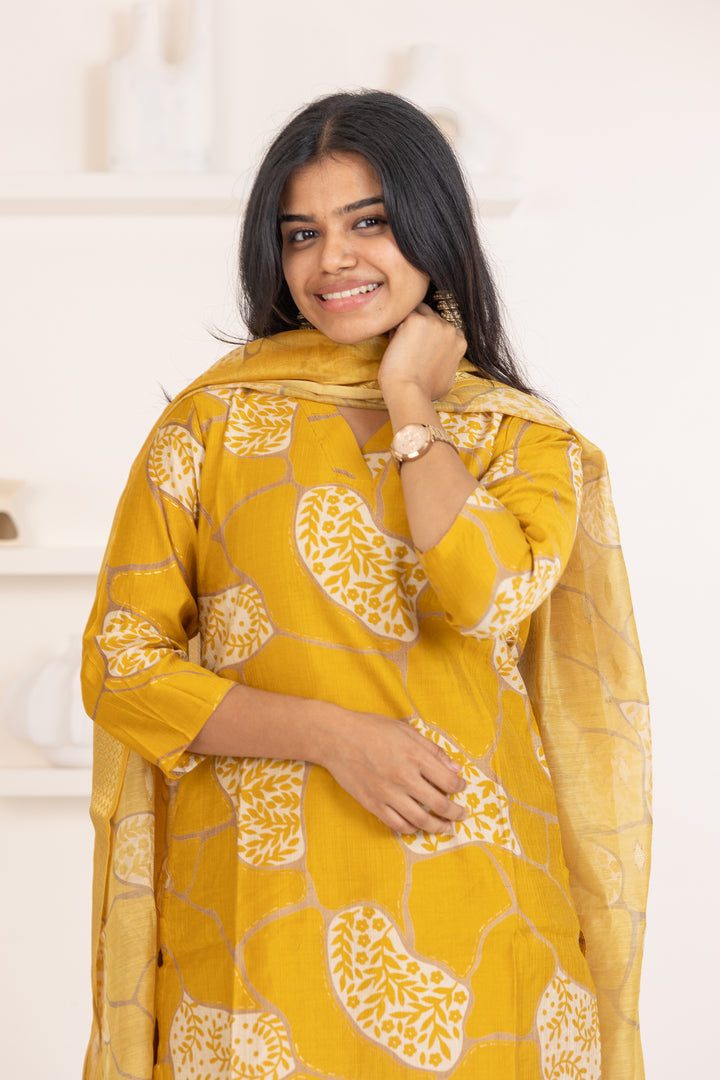 Ziya salwar set in mustard yellow with flower design in vertican fabric
