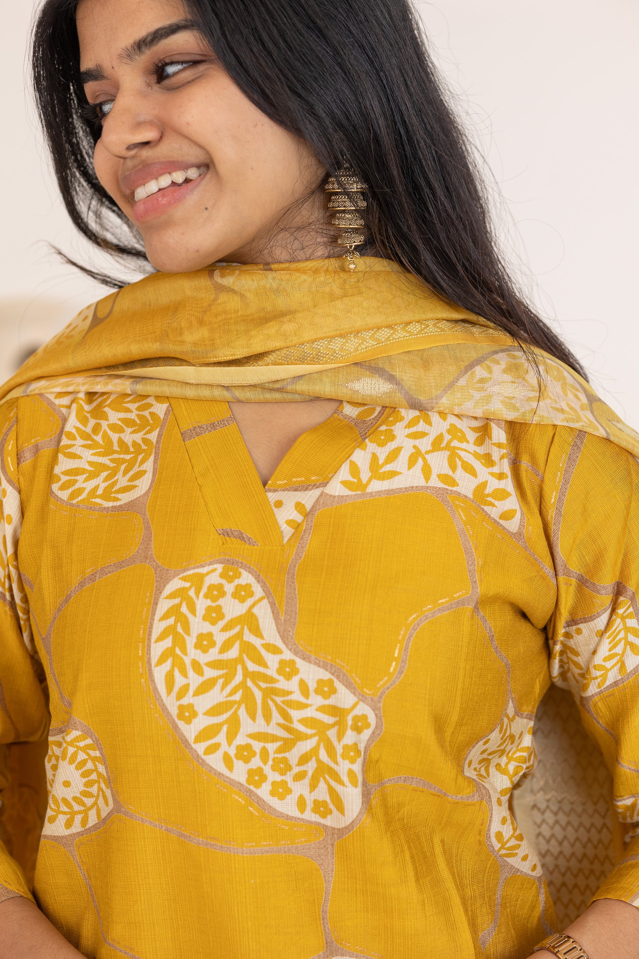 Ziya salwar set in mustard yellow with flower design in vertican fabric