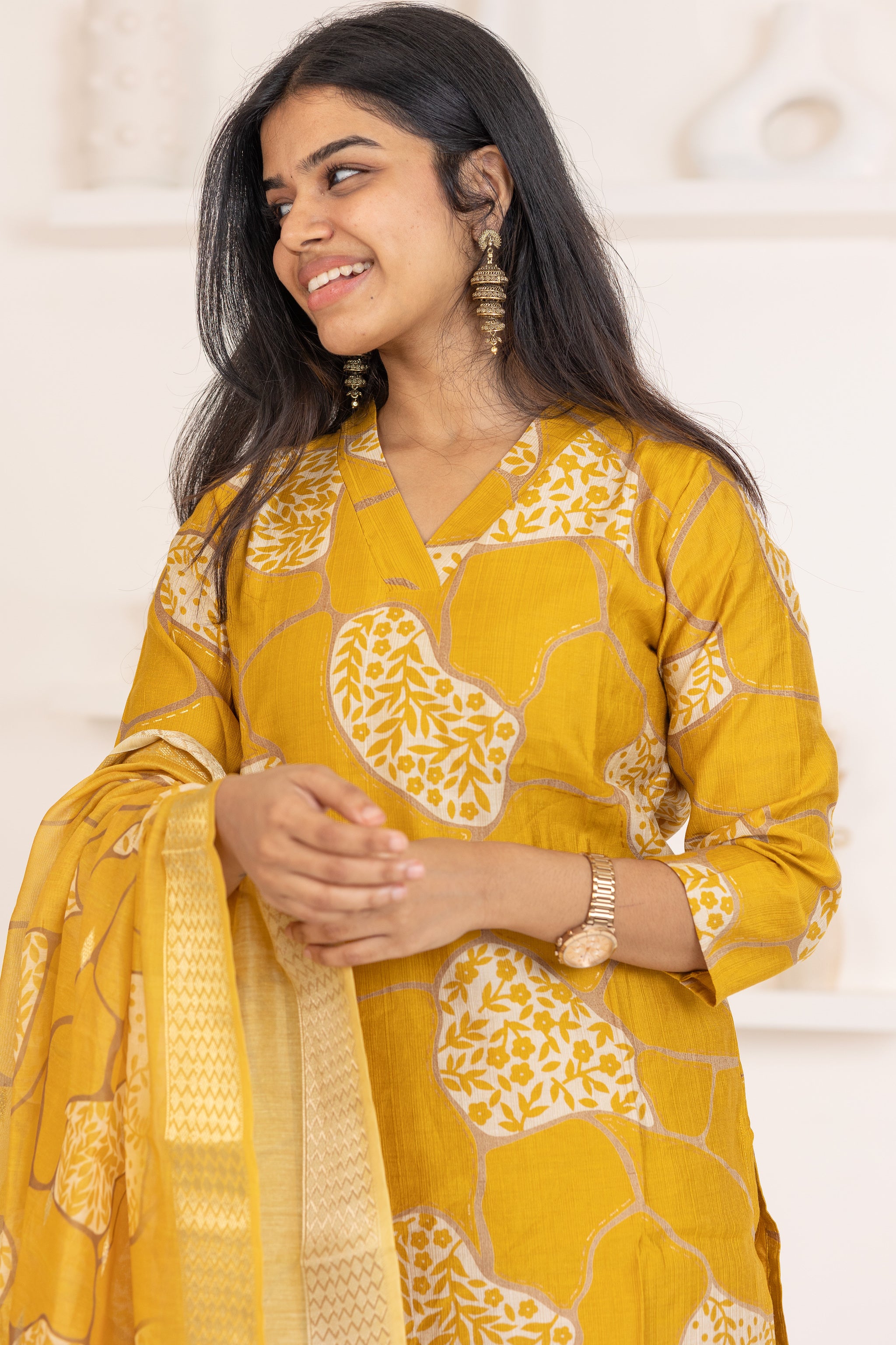 Ziya salwar set in mustard yellow with flower design in vertican fabric
