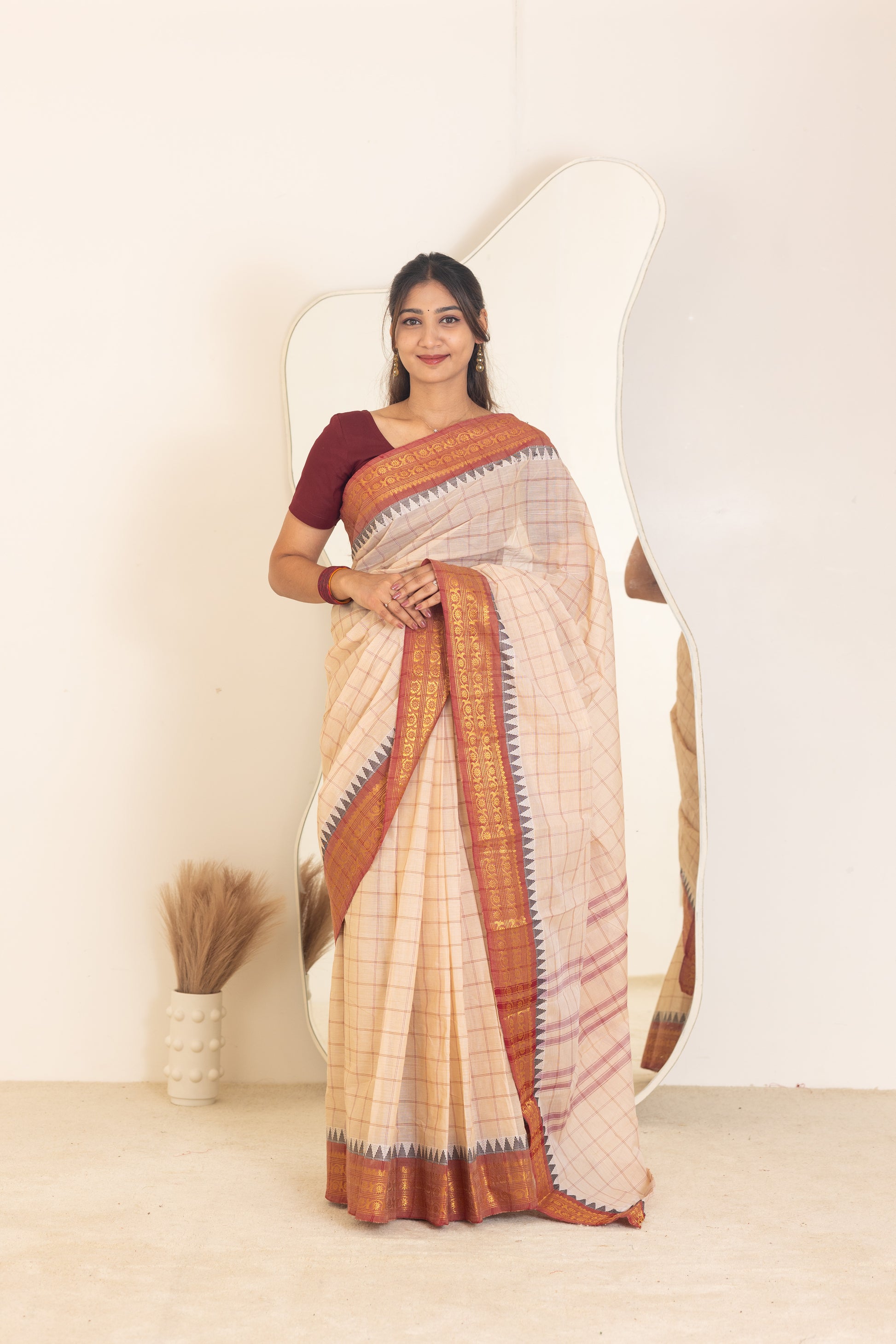 Kadal meengal Cotton saree in soft cream (Own weaving)