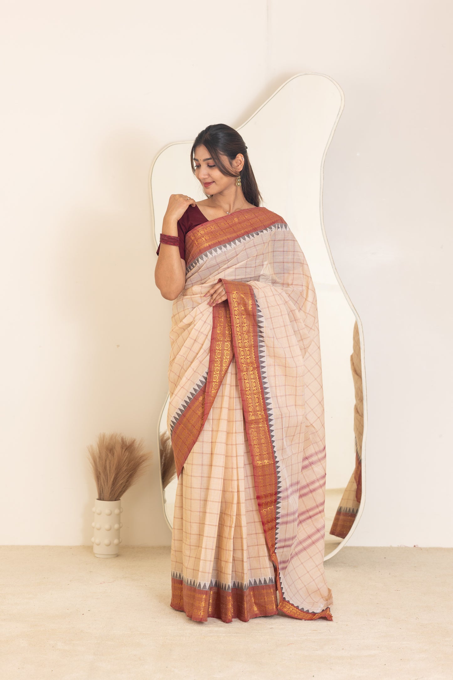 Kadal meengal Cotton saree in soft cream (Own weaving)