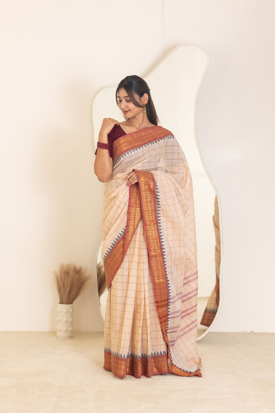 Kadal meengal Cotton saree in soft cream (Own weaving)