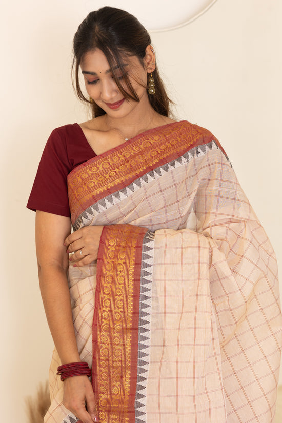 Kadal meengal Cotton saree in soft cream (Own weaving)