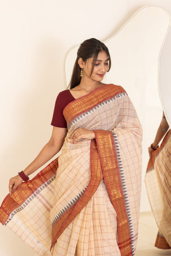 Kadal meengal Cotton saree in soft cream (Own weaving)
