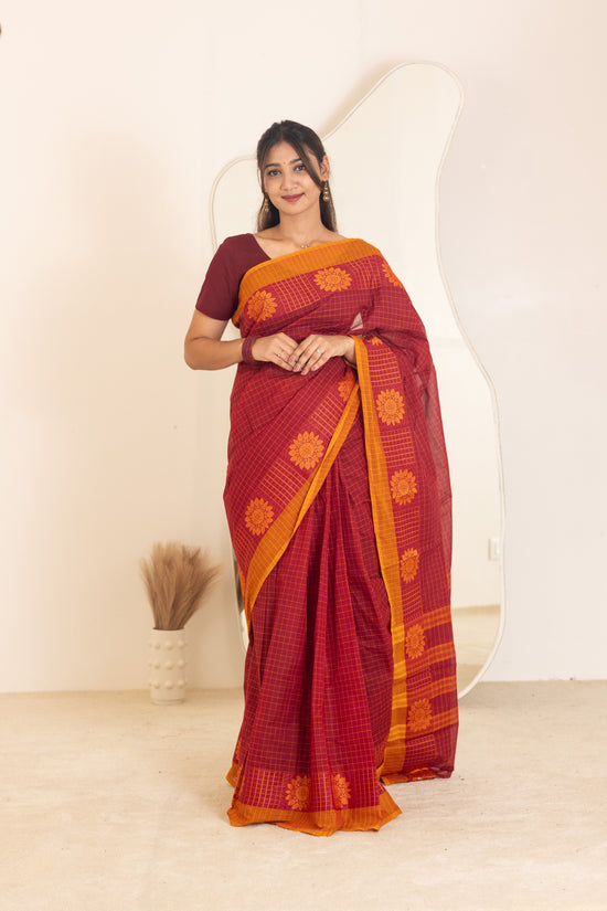 Kadal meengal Cotton saree in red and deep maroon (Own weaving)