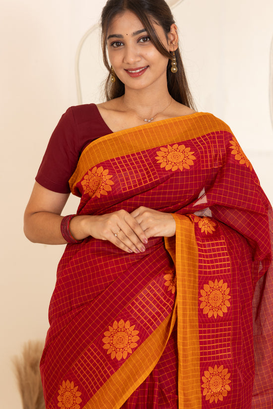 Kadal meengal Cotton saree in red and deep maroon (Own weaving)